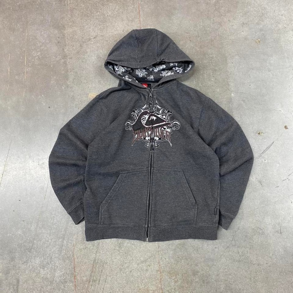 Y2K Quiksilver Grey Full Zip Hoodie Embroidered Logo Skatewear Kids Size XL